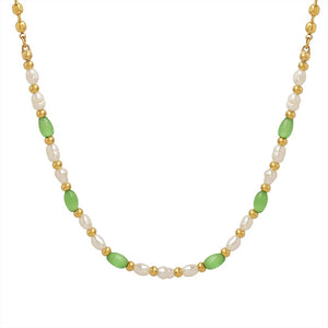 18K Green Opal Freshwater Pearl Necklace Patchwork Jewelry