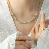 18K Green Opal Freshwater Pearl Necklace Patchwork Jewelry