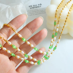 18K Green Opal Freshwater Pearl Necklace Patchwork Jewelry