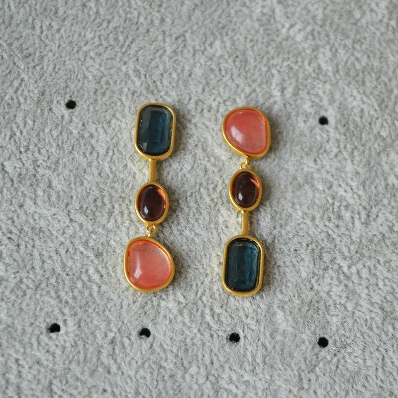 Vintage Watermelon Red Stone Crystal Silver Stud Earrings