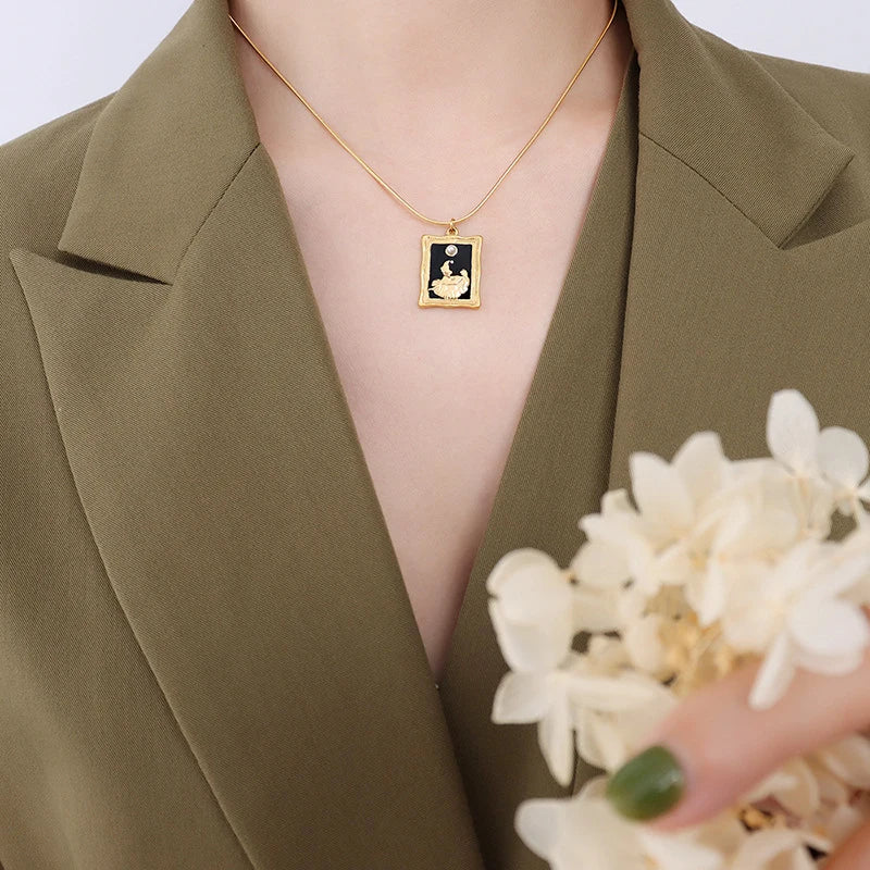 Vintage Frame Photo Album Necklace with Star Moon Pendant & Pearl Drip Jewelry