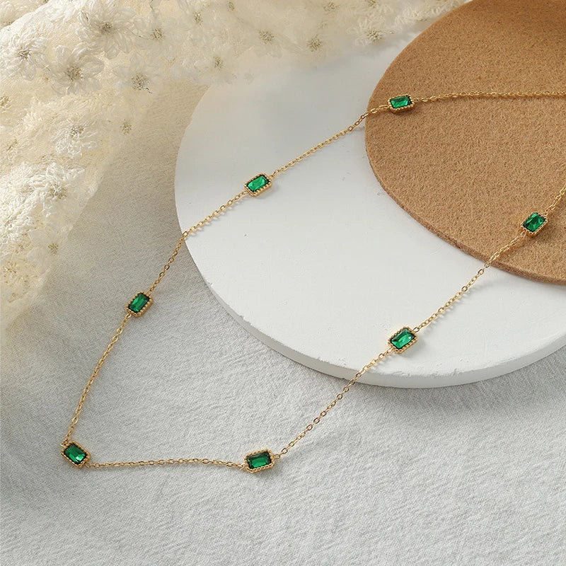 Vintage Light Green Zircon Necklace Clavicle Chain Pendant