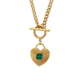 18K Vintage Heart Pendant Green Striped Acrylic Cuban Chain Necklace