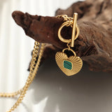 18K Vintage Heart Pendant Green Striped Acrylic Cuban Chain Necklace