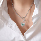 18K Vintage Heart Pendant Green Striped Acrylic Cuban Chain Necklace
