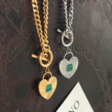 18K Vintage Heart Pendant Green Striped Acrylic Cuban Chain Necklace