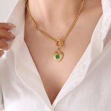 18K Vintage Heart Pendant Green Striped Acrylic Cuban Chain Necklace