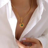 18K Vintage Heart Pendant Green Striped Acrylic Cuban Chain Necklace