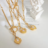 18K Vintage Thick Chain OT Buckle Love Peach Heart Crystal Stone Pendant