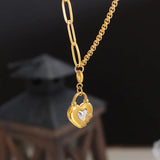 18K Vintage Thick Chain OT Buckle Love Peach Heart Crystal Stone Pendant