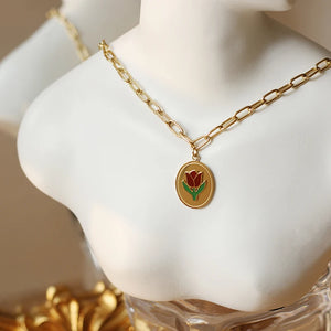 Vintage Tulip Clavicle Necklace Pendant Epoxy Wine Red Flower Jewelry Set