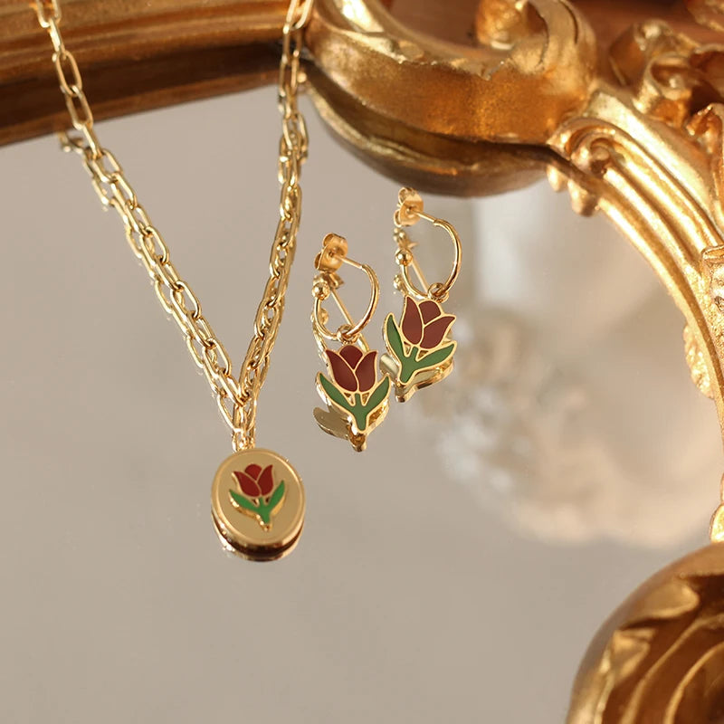 Vintage Tulip Clavicle Necklace Pendant Epoxy Wine Red Flower Jewelry Set