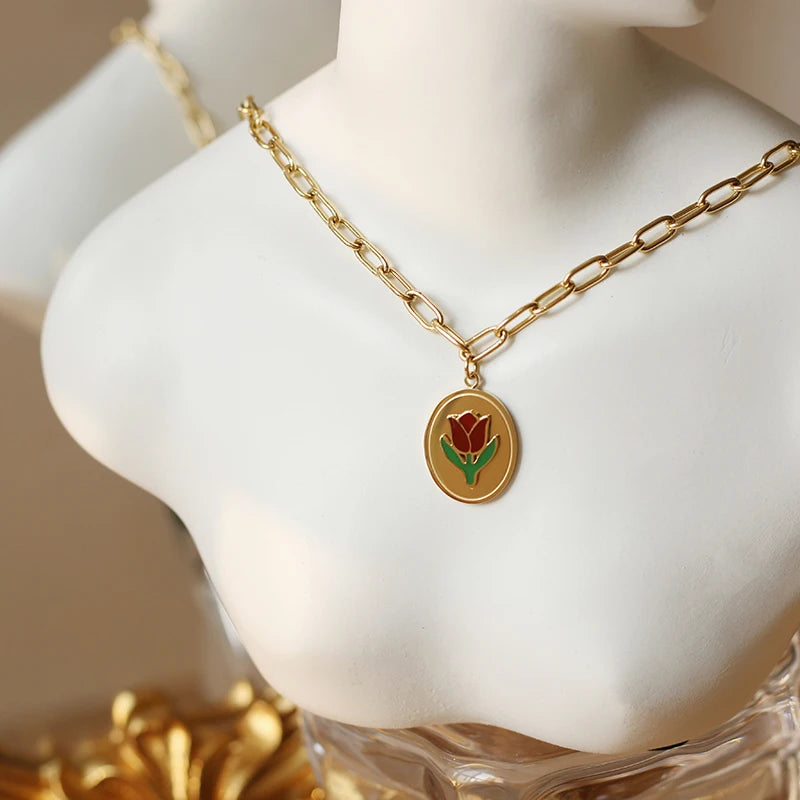 Vintage Tulip Clavicle Necklace Pendant Epoxy Wine Red Flower Jewelry Set