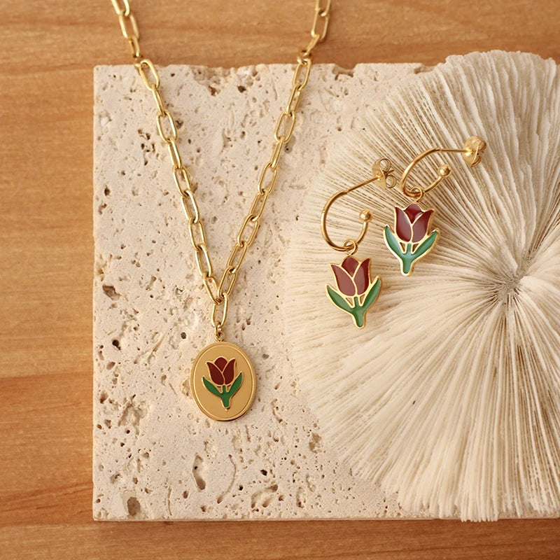 Vintage Tulip Clavicle Necklace Pendant Epoxy Wine Red Flower Jewelry Set