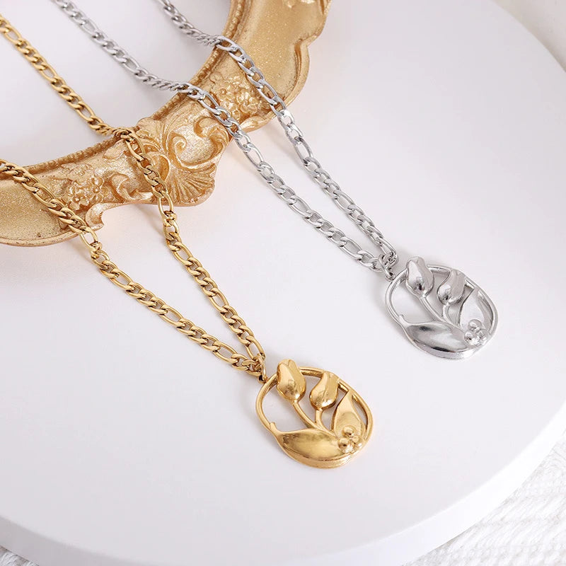 Vintage Tulip Flower Pendant Necklace for Women