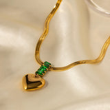 18K Green Zircon Heart Pendant Snake Bone Chain Necklace