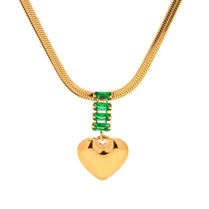 18K Green Zircon Heart Pendant Snake Bone Chain Necklace