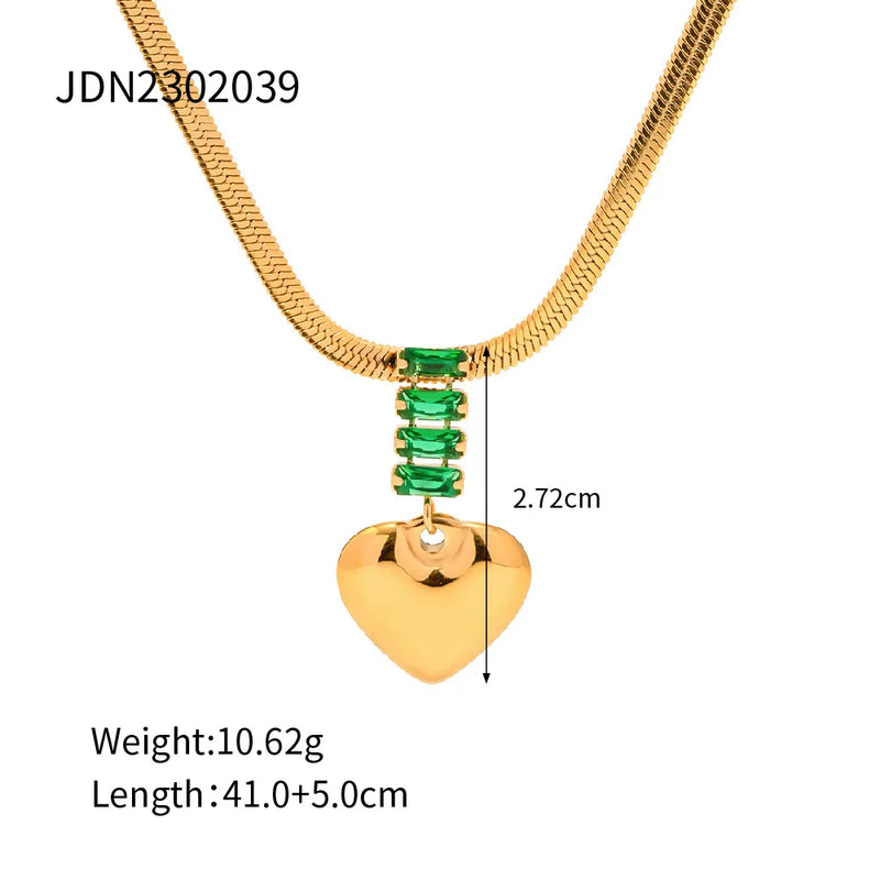 18K Green Zircon Heart Pendant Snake Bone Chain Necklace