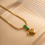 18K Green Zircon Heart Pendant Snake Bone Chain Necklace