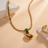 18K Green Zircon Heart Pendant Snake Bone Chain Necklace