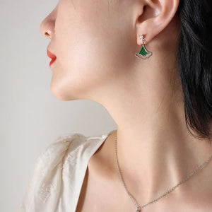 18K Green Laser Flash Zircon Ginkgo Leaf Necklace & Earrings Set