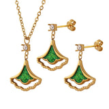 18K Green Laser Flash Zircon Ginkgo Leaf Necklace & Earrings Set