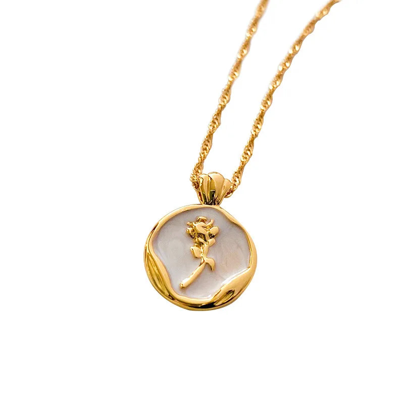 18K Vintage Enamel Drop Oil Rose Necklace Pendant