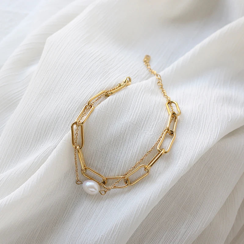 18k Freshwater Pearl Oval Chain Double Layered Boho Bracelet Femme