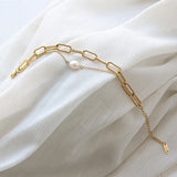 18k Freshwater Pearl Oval Chain Double Layered Boho Bracelet Femme