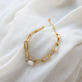 18k Freshwater Pearl Oval Chain Double Layered Boho Bracelet Femme