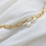 18k Freshwater Pearl Oval Chain Double Layered Boho Bracelet Femme