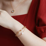 18k Freshwater Pearl Oval Chain Double Layered Boho Bracelet Femme