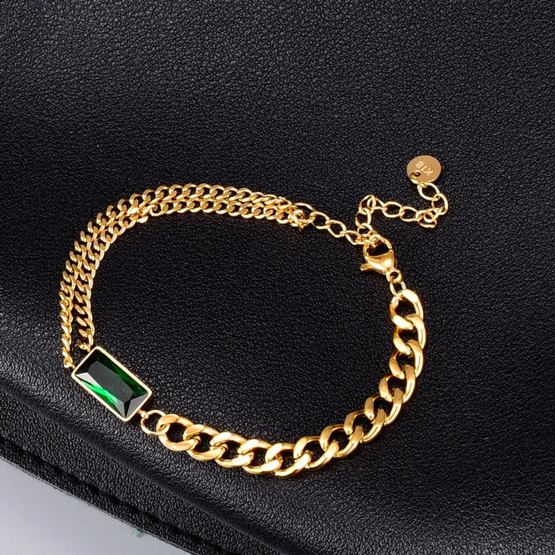 Green Crystal Rectangle Chain Bracelet Women Jewelry
