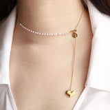 18k Love Heart Tassel Clavicle Chain Necklace with Pearls