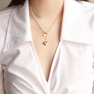 18k Love Heart Tassel Clavicle Chain Necklace with Pearls