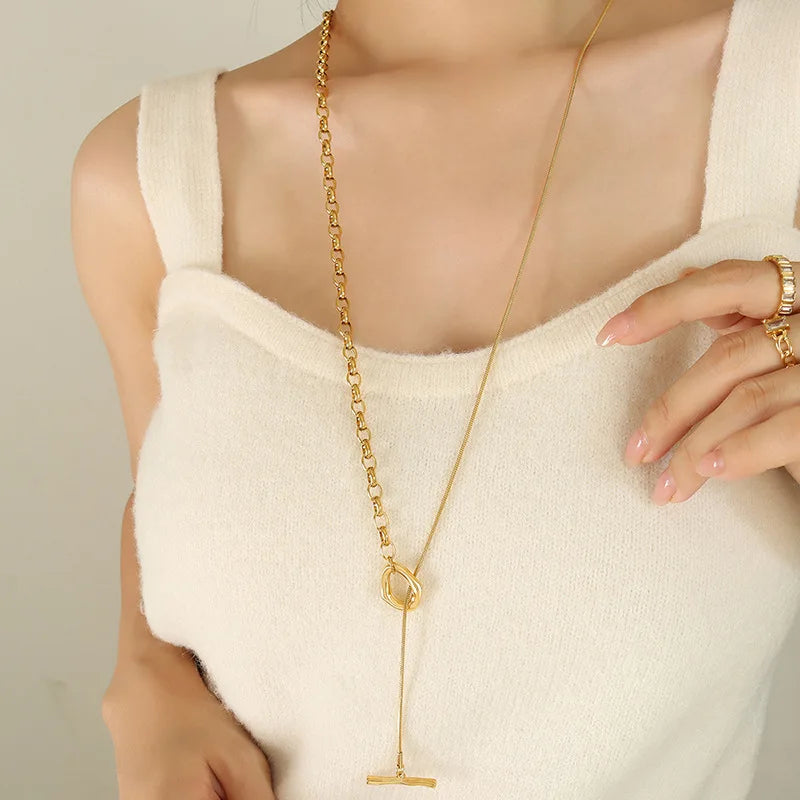 18k Minimalist OT Buckle Sweater Chain Necklace