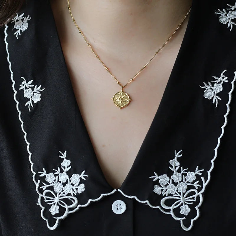 Vintage Roman Chain Clavicle Necklace Wheel of Fortune Cross