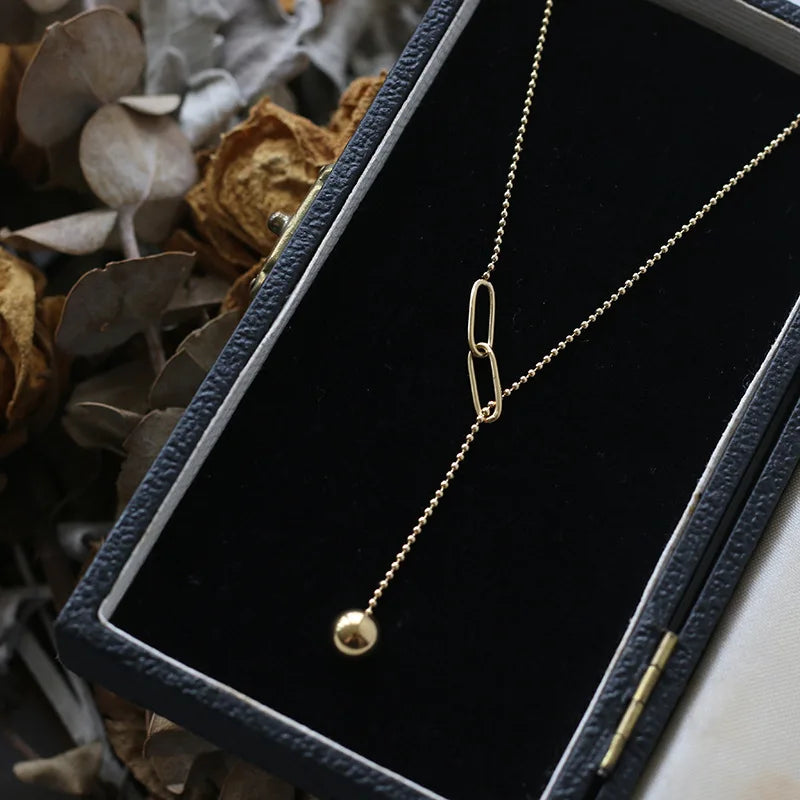18k Y Chain Clavicle Necklace Pendants Metal Ball Tassel Round Beads Necklace