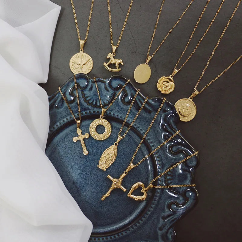 Vintage Heart Cross Horse Coin Necklace Pendant