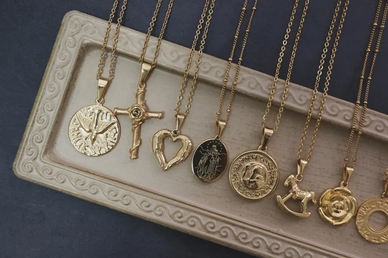Vintage Heart Cross Horse Coin Necklace Pendant