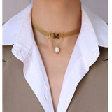 18kGold Letter M tassel Pearl Choker Necklace for Mom