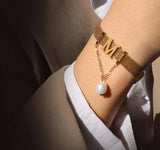18kGold Letter M tassel Pearl Choker Necklace for Mom