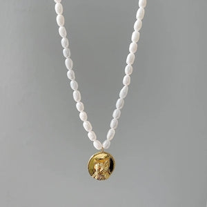 925 Silver Cat Head Pearl Necklace Pendant Freshwater Pearl Clavicle Chain