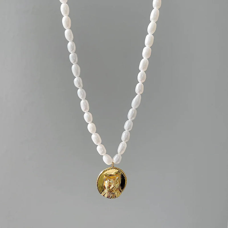 925 Silver Cat Head Pearl Necklace Pendant Freshwater Pearl Clavicle Chain