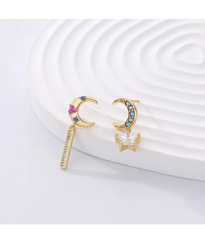 925 Silver Zircon Star Moon Drop Earrings Asymmetric Retro Niche Stud Jewelry