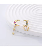 925 Silver Zircon Star Moon Drop Earrings Asymmetric Retro Niche Stud Jewelry