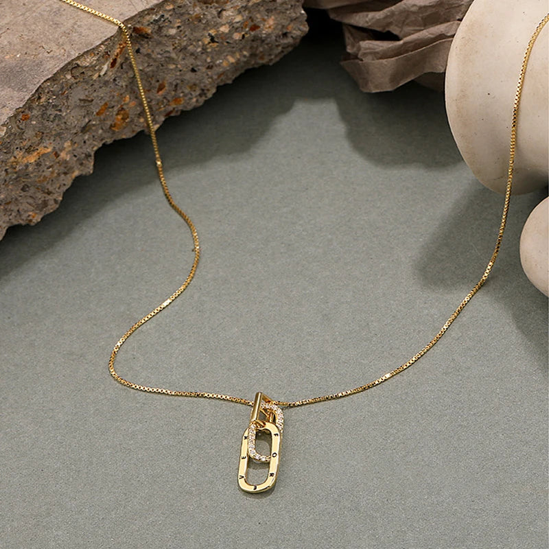 925 Silver Double Ring Clavicle Chain Necklace CZ Zircon Pendant