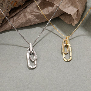 925 Silver Double Ring Clavicle Chain Necklace CZ Zircon Pendant