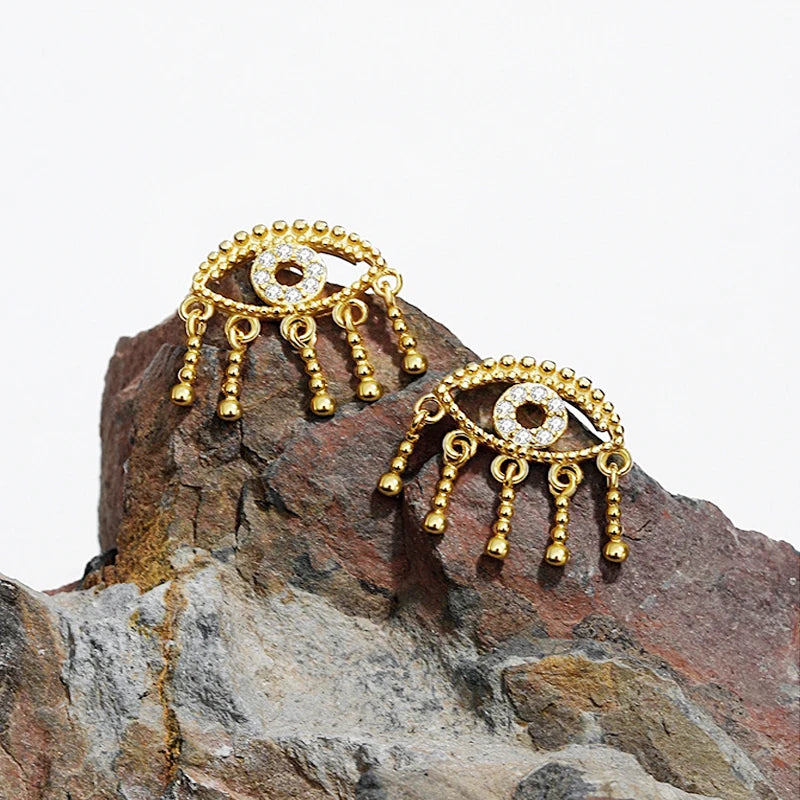 925 Silver Evil Eye Drop Earrings Tassel Hollow Zircon Stud Earrings