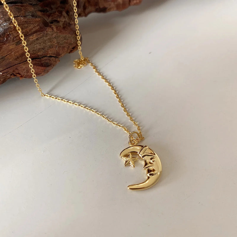 925 Silver Abstract Face Moon Star Necklace Pendant Clavicle Chain Jewelry